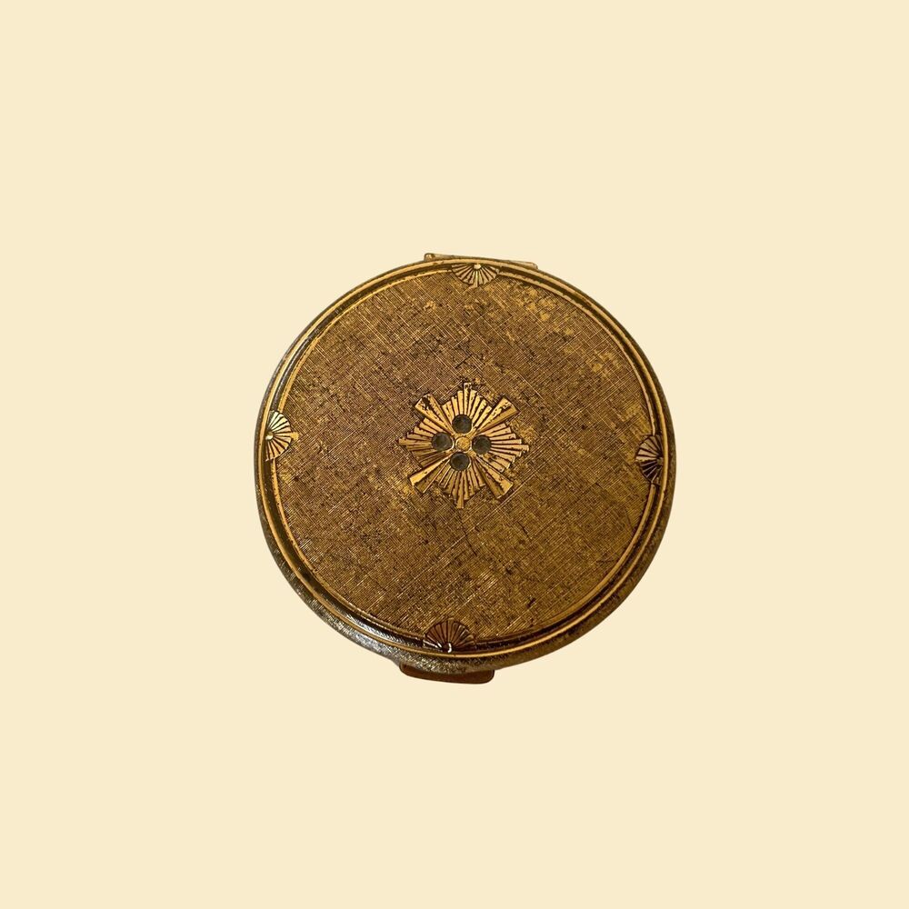 1930s Elizabeth Arden cosmetic compact, vintage brass circular art deco compact